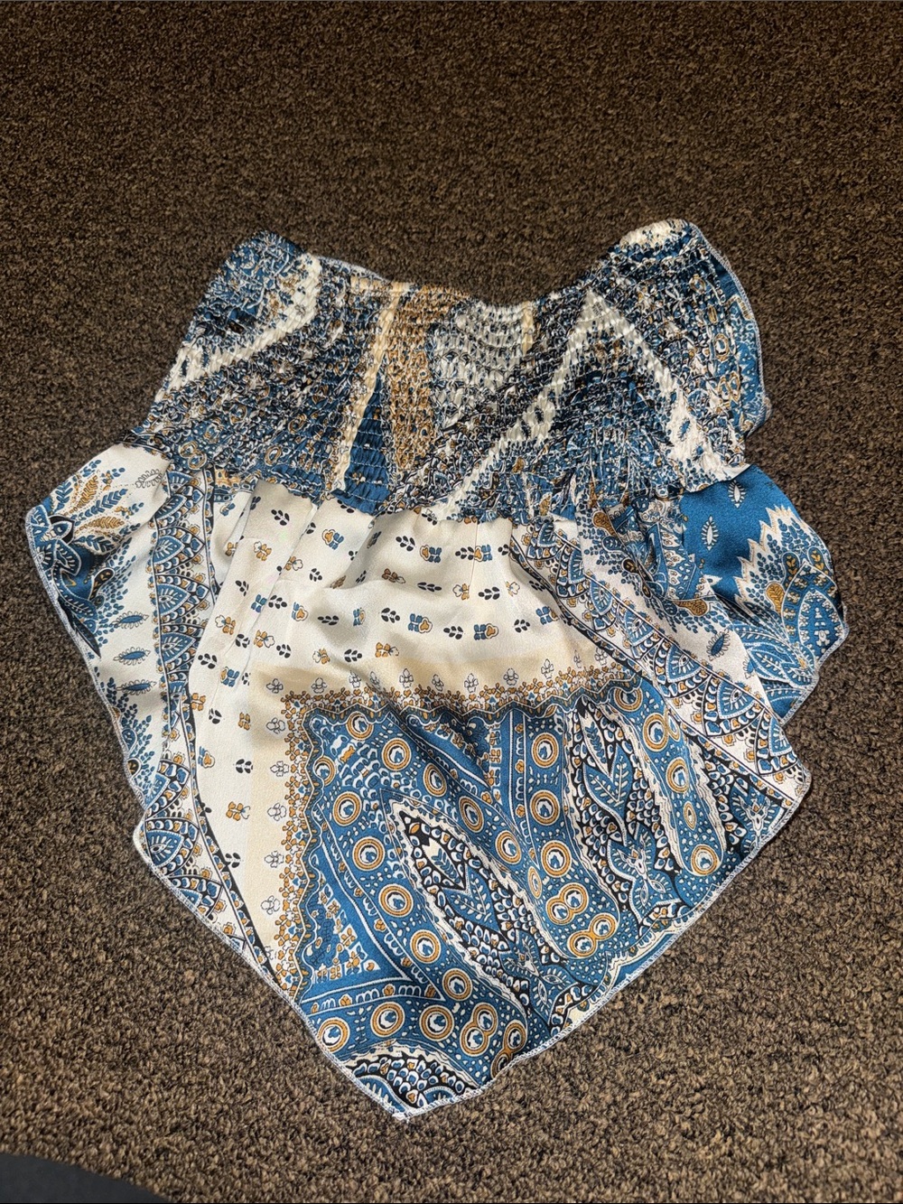 SHEIN Blue, White & Tan Paisley Smocked Off-Shoulder Crop Top